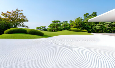 Serene Zen Garden with Raked Sand and Lush Greenery Under Blue Sky