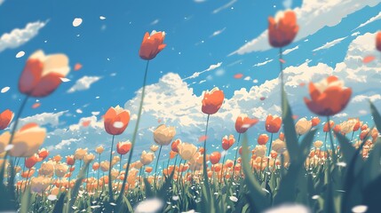 Obraz premium A beautiful field of colorful flowers stretches towards the clear sky