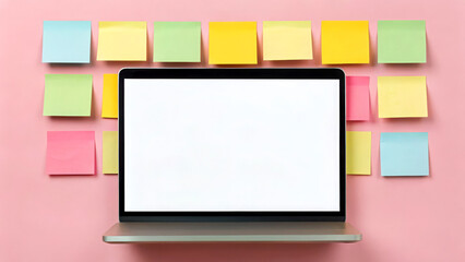 virtual classroom education with accessibility Concept Laptop surrounded by colorful sticky notes on a pink background.