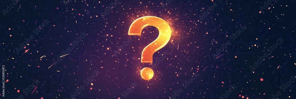 Poster Minimalist icon depicting a glowing question mark with vibrant light bursts in modern flat style against a dark background
