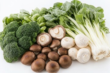 Fresh broccoli, shiitake, button mushrooms, and Bok Choy. Perfect for healthy eating, cooking blogs, or vegetarian recipes.