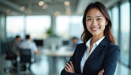 Portrait of smiling Asian businesswoman in black suit looking at camera in modern office. Confident female business manager, arms crossed, successful company leader, corporate executive, cheerful