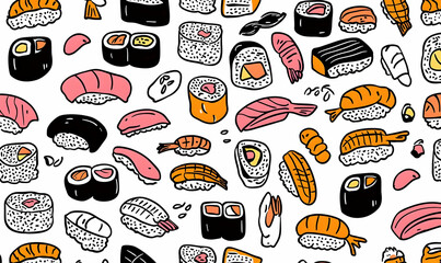 Colorful Hand-Drawn Sushi Pattern for Background and Design Use