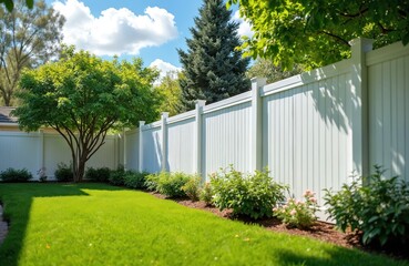White vinyl fence installation wraps backyard. Exterior home property barrier ensures privacy, security. Boundary landscaping hard-wearing, modern, stylish for residential garden, protection,