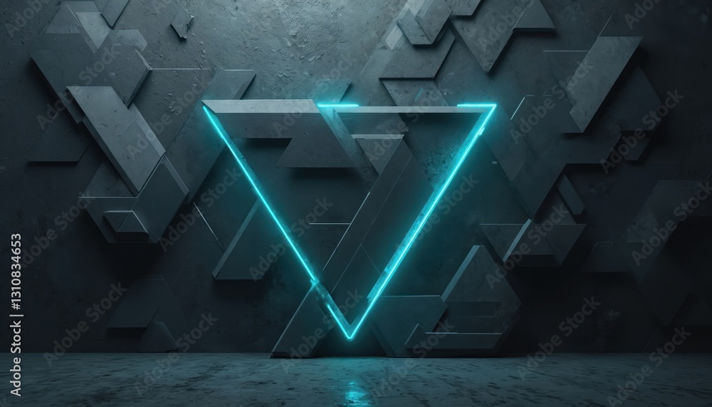 Poster Techy blue neon triangle on abstract grunge background. Geometric surface with polygons, triangle shape, neon line. Corporate design wallpaper, trendy futuristic look for product demo or presentation.