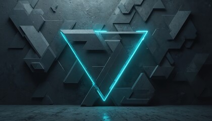 Techy blue neon triangle on abstract grunge background. Geometric surface with polygons, triangle shape, neon line. Corporate design wallpaper, trendy futuristic look for product demo or presentation.