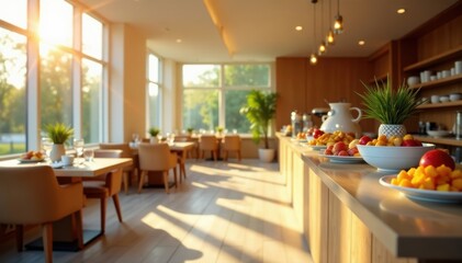 Sunlight streams into modern hotel dining room, breakfast buffet displayed , light, tableware, juice