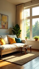 Sunlit living room, large windows, bright interior, light, open plan