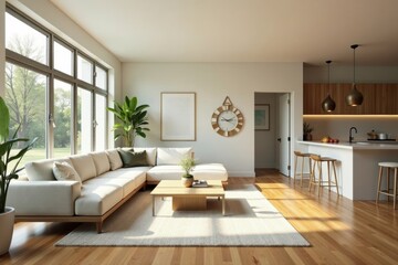 Sunlit living room, hardwood floors, open kitchen view, beautiful living room, architecture