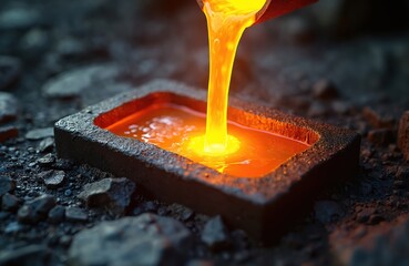 Molten gold poured into mold. Liquid metal casting, foundry work. Glowing valuable asset, raw refined material. Precious investment. Transformation, fire, flames, hot burning. Metalwork, metal