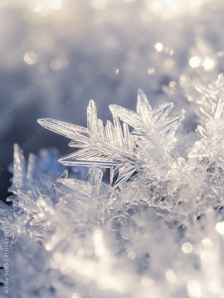 Poster delicate frozen ice crystals forming intricate patterns with subtle reflections in a soft winter env