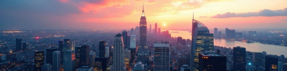 Vast cityscape panorama from high-rise empty room, light, high-rise, night