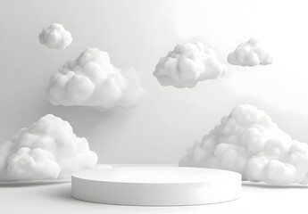 3D White Clouds Floating Above Round Podium on White Background
