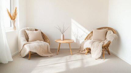 A low wooden table and rattan chairs define effortless elegance