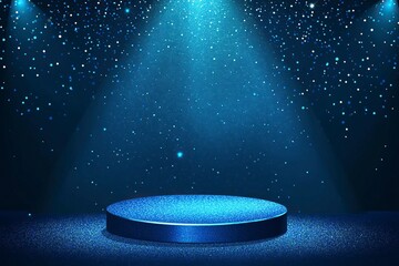 A blue podium with a spotlight on a dark blue background, a vector illustration for an award ceremony design. The background features glitter and sparkles,
