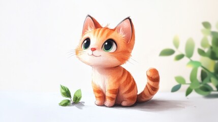 A Sweet Smiling Cartoon Cat Sitting Near Green Foliage