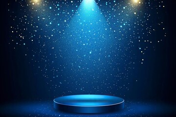 A blue podium with a spotlight on a dark blue background, a vector illustration for an award ceremony design. The background features glitter and sparkles,