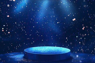 A blue podium with a spotlight on a dark blue background, a vector illustration for an award ceremony design. The background features glitter and sparkles,
