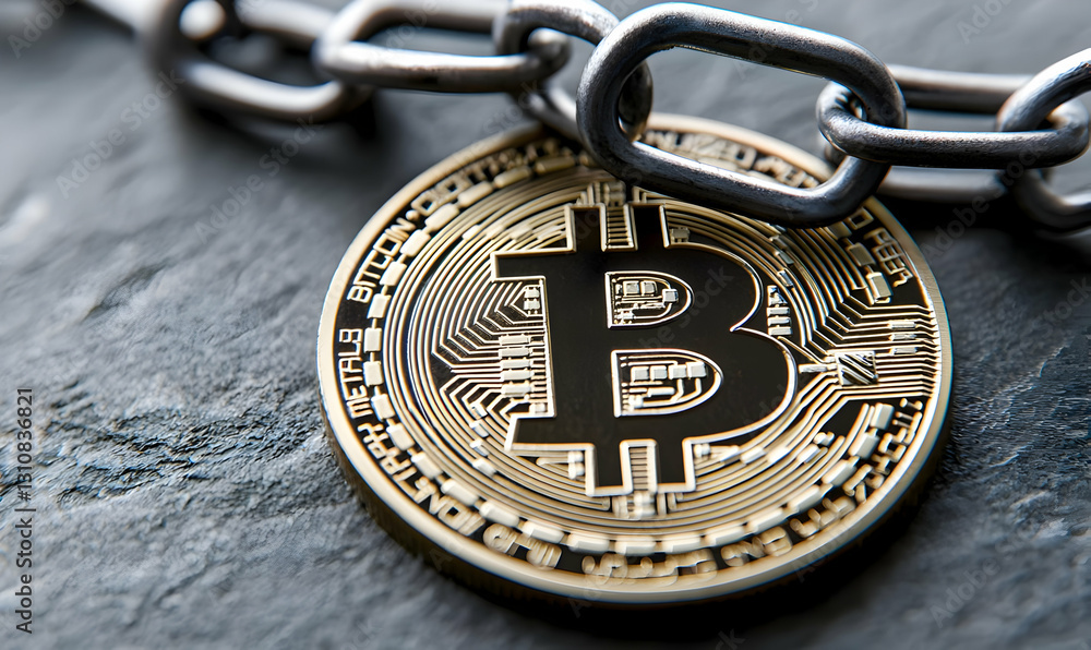 Poster bitcoin coin secured with chain on dark slate background