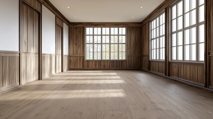 Fototapeta premium Spacious empty room with large windows filling the space with natural light, showcasing elegant wooden paneling.