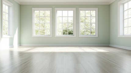 Fototapeta premium Spacious, sunlit empty room with large windows and wooden flooring, highlighting modern architectural design.