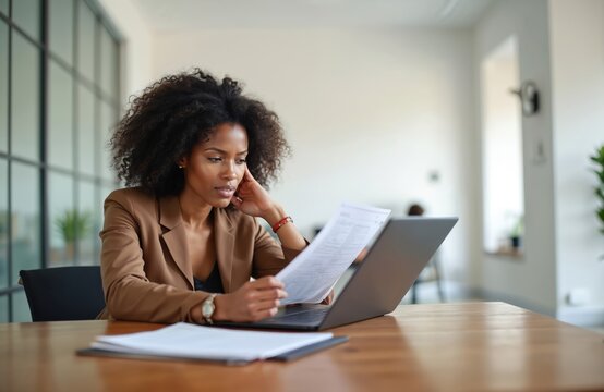 Stressed African American businesswoman reviews documents working on laptop in modern office. Mature woman reads contract, letter financial report. Thoughtful paperwork review at workplace. Problems