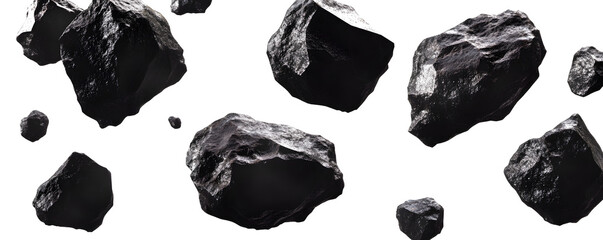 Naklejka premium Black Asteroid Like Rocks Floating in Space with White Background