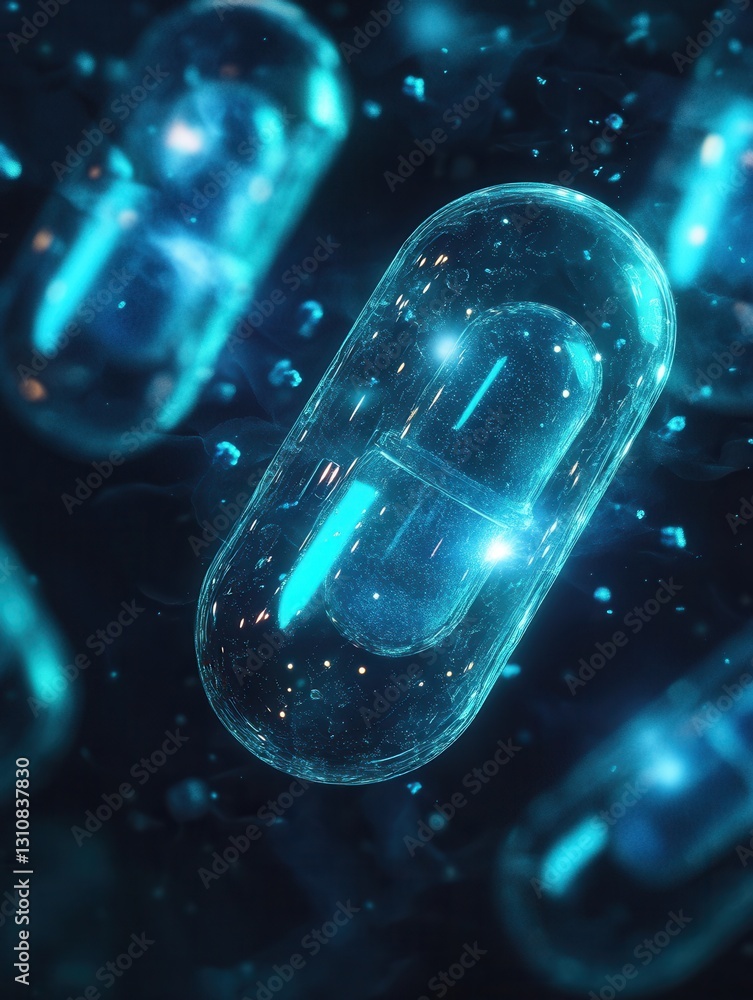 Poster glowing capsules illuminate a dark environment with a futuristic feel in an abstract medical design