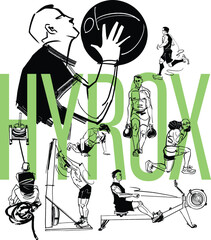 Functional fitness race including run, skiing, rowing, jump burpees, sled pull and push, farmers carry, sandbag lunges