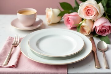 Subtle blush rose accents, charger plates, pristine white plates, white, party
