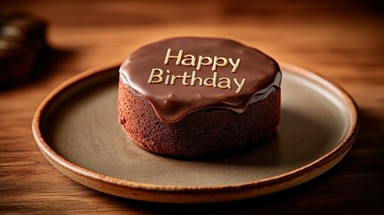 Rich chocolate covered birthday cake on a plate ready to delight guests with its decadent taste at a celebration event