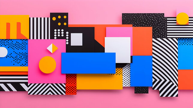 Colorful Geometric Shapes and Patterns on Pink Background Surface