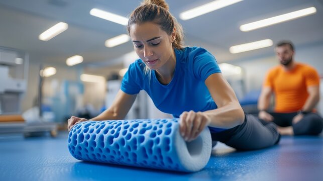 Realistic physiotherapy session with a therapist using a foam roller on a patient's back 