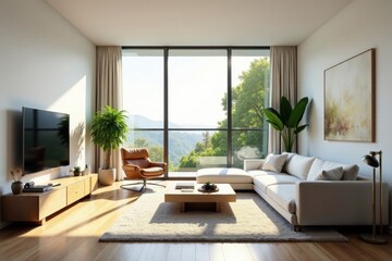 Sunlit modern living room, expansive windows, minimalist decor, apartment, coffee table, stylish