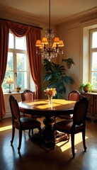 Sunlit room, ornate chandelier, mahogany dining table, impressive, design, grand