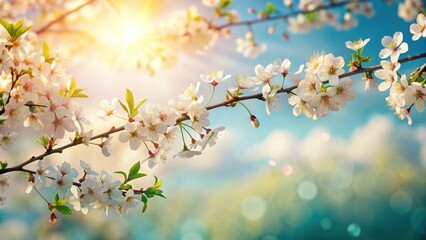 A sunlit branch adorned with delicate white blossoms, showcasing the beauty of springtime nature's awakening
