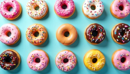 Fototapeta premium Variety of donuts with sprinkles and colorful icings on a light blue backdrop , assorted, sprinkles, snack