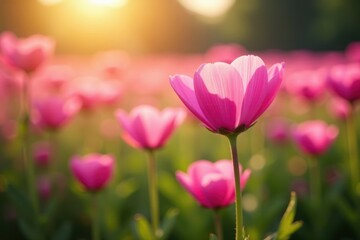 Fototapeta premium Vibrant pink flower field, sunlit petals, natural beauty, floral, field