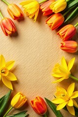 Vibrant tulips and daffodils scattered on kraft paper , spring flowers, rustic, tulips
