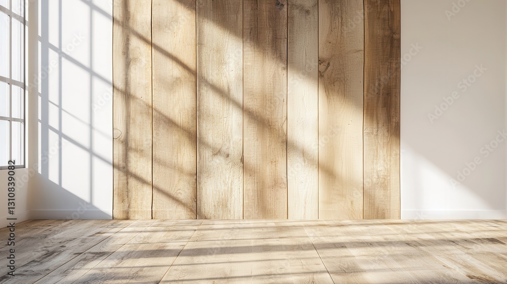 Poster sunlight streaming through a window casts shadows on an empty wooden interior wall, creating a warm 