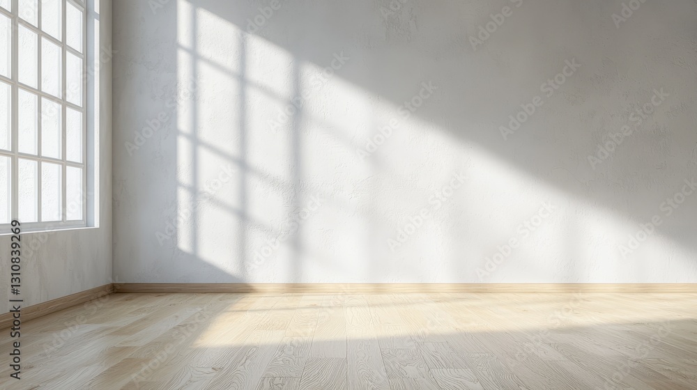 Poster sunlight streaming through a window into an empty room with wooden floor and white walls, creating a