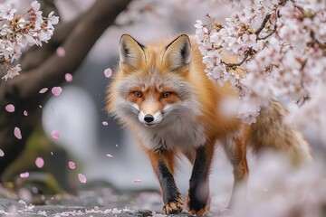 Fototapeta premium Red Fox Walking Under Cherry Blossom Trees Surrounded by Pink Petals in a Serene Setting
