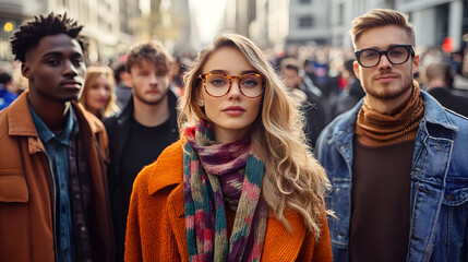 Fototapeta premium Stylish Young People Stand Together in Colorful Outfits Outdoors