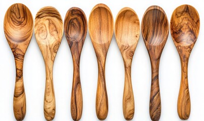 A Beautiful Variety of Wooden Spoons Displayed in a Neat Row on a Clean White Background, Perfect for Culinary Use and Kitchen Decor.