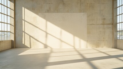 Sunlit empty room with concrete walls and large windows casting geometric shadows.