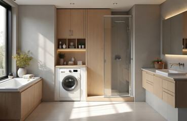 Modern, bright bathroom interior with wood elements. Features shower, washing machine, sink, toilet. Clean stylish design ideal for real estate home improvement projects. Contemporary apartment room