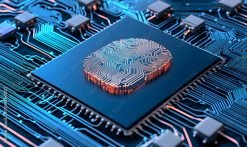 Poster high-tech microchip with circuit board design and glowing elements