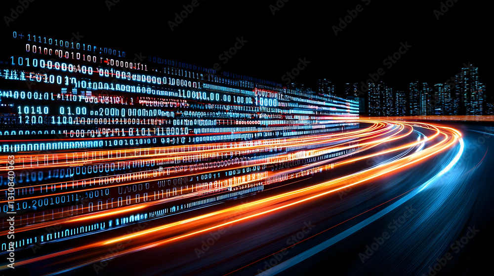 Poster abstract digital motion with binary code and light trails at night