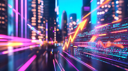 Fototapeta premium Urban Data Visualization with Neon Lights and Dynamic Graph Elements
