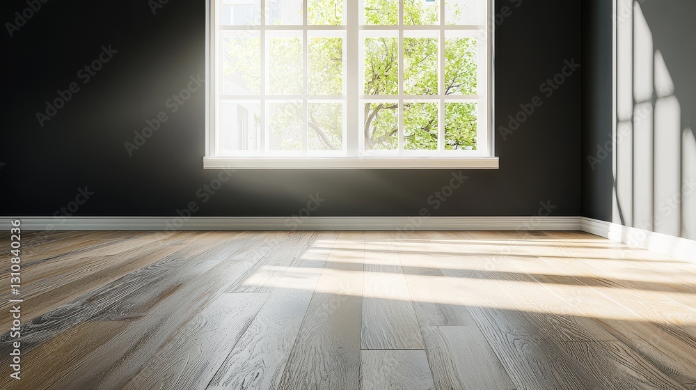 Poster sunlit empty room with large window and wooden floor, creating a serene and inviting atmosphere for 
